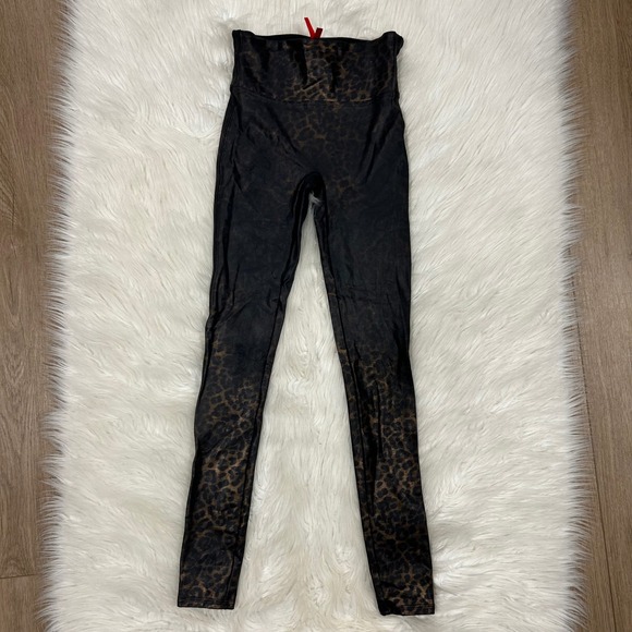 SPANX Leopard Print Faux Leather High Waist Leggings Womens S P Black Gold - Picture 5 of 5